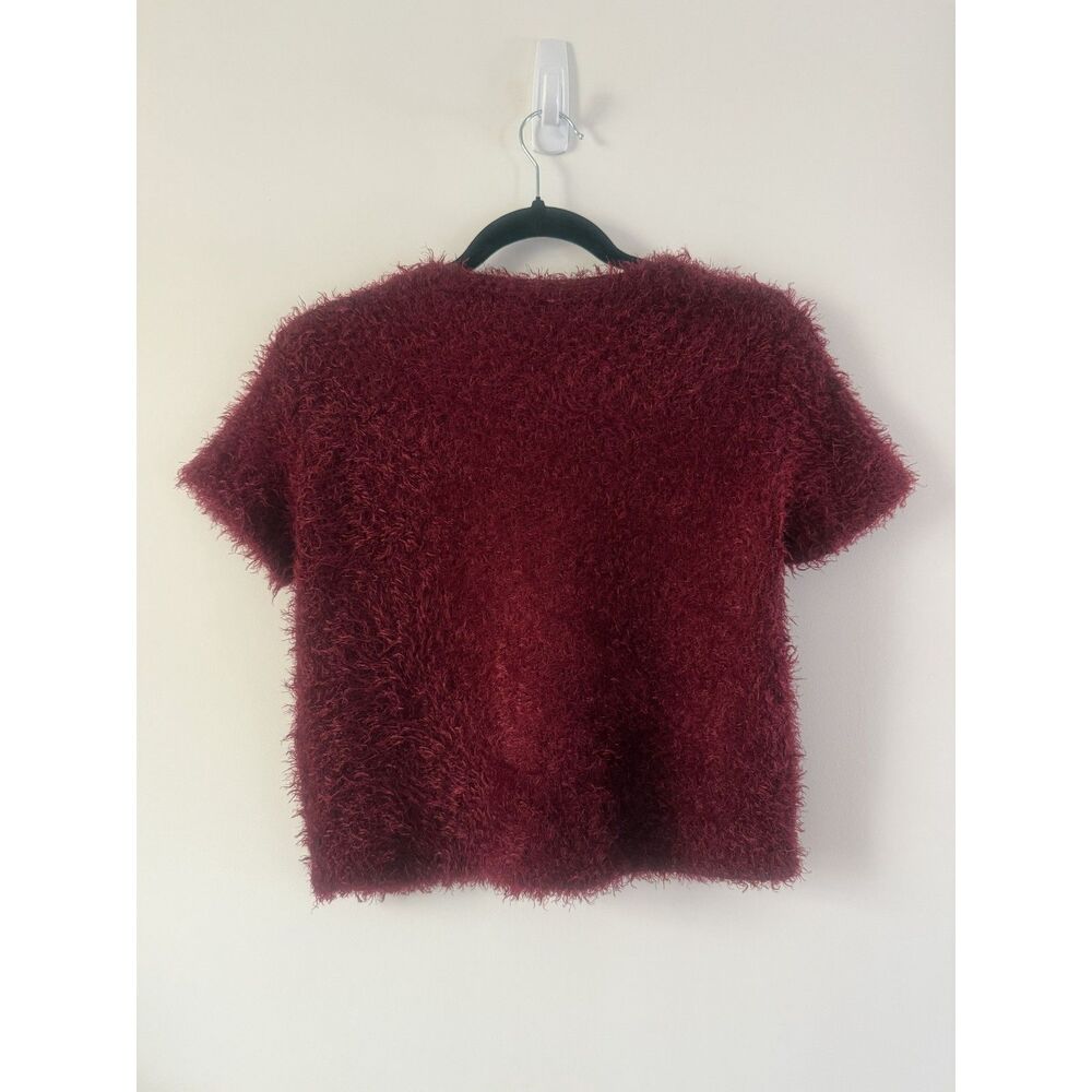 Zara Trafaluc Fuzzy Eyelash Knit Short Sleeve Sweater Top, Burgundy, Size S